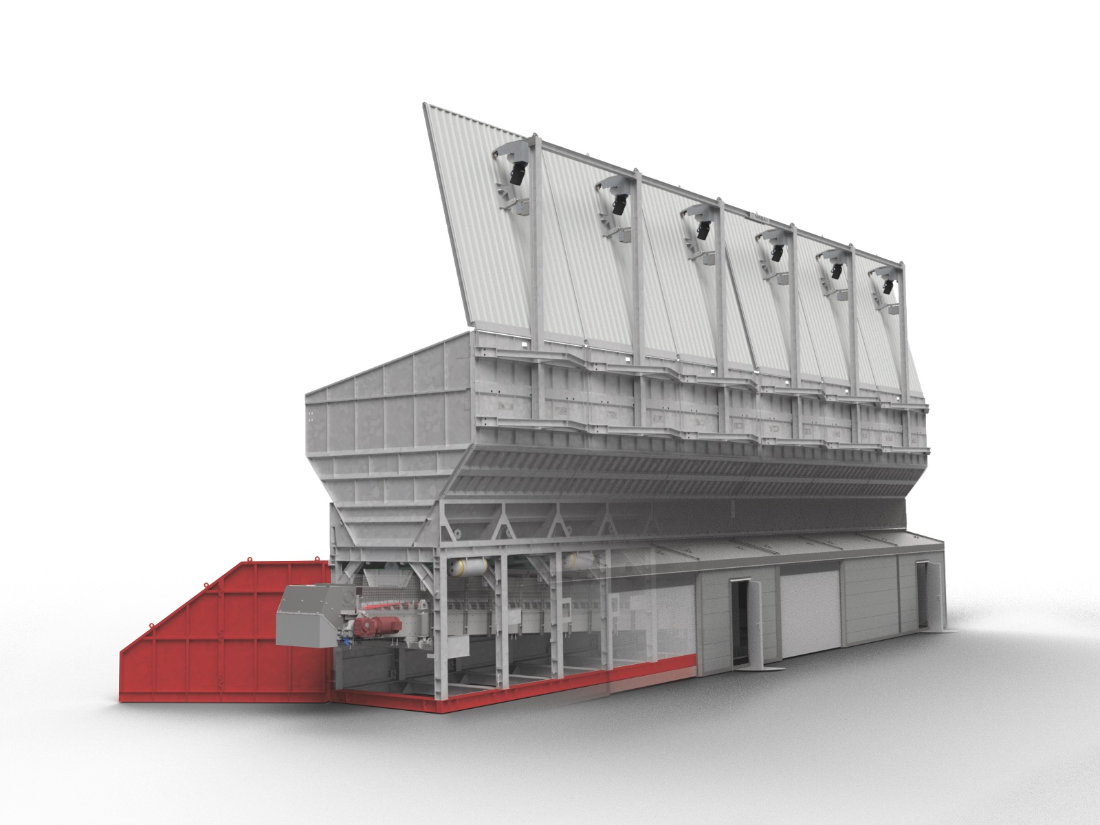 A NISBAU covered linear aggregate storage unit with roof and grid cladding, engineering render
