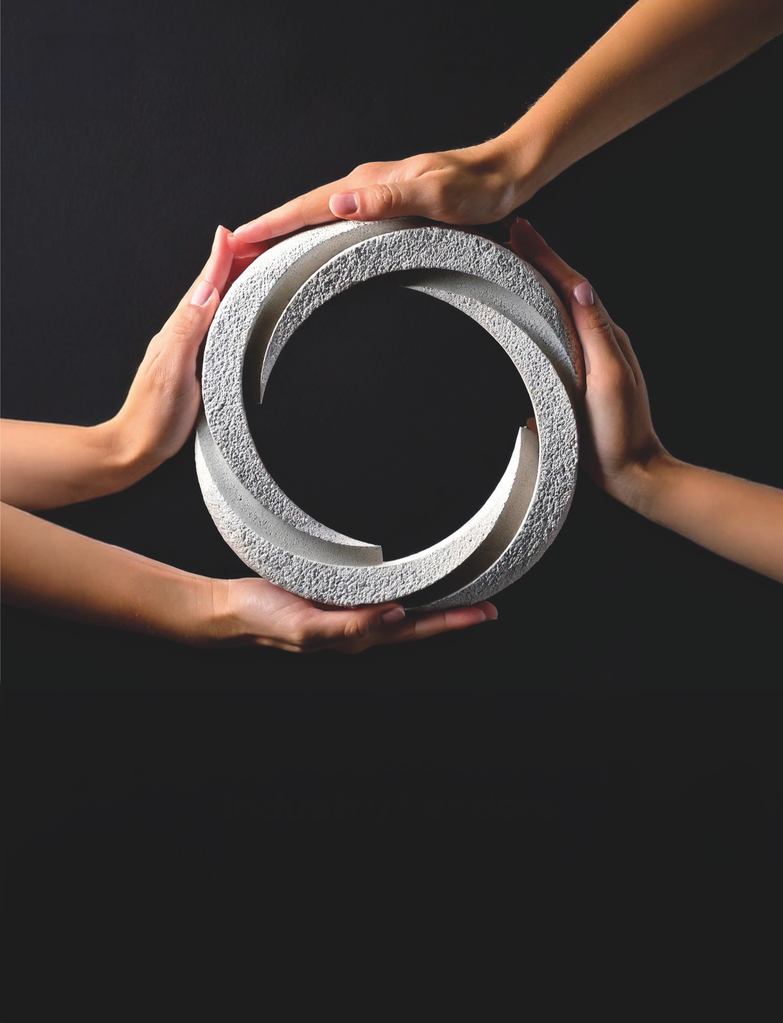 A cast concrete test ring held in four hands against black