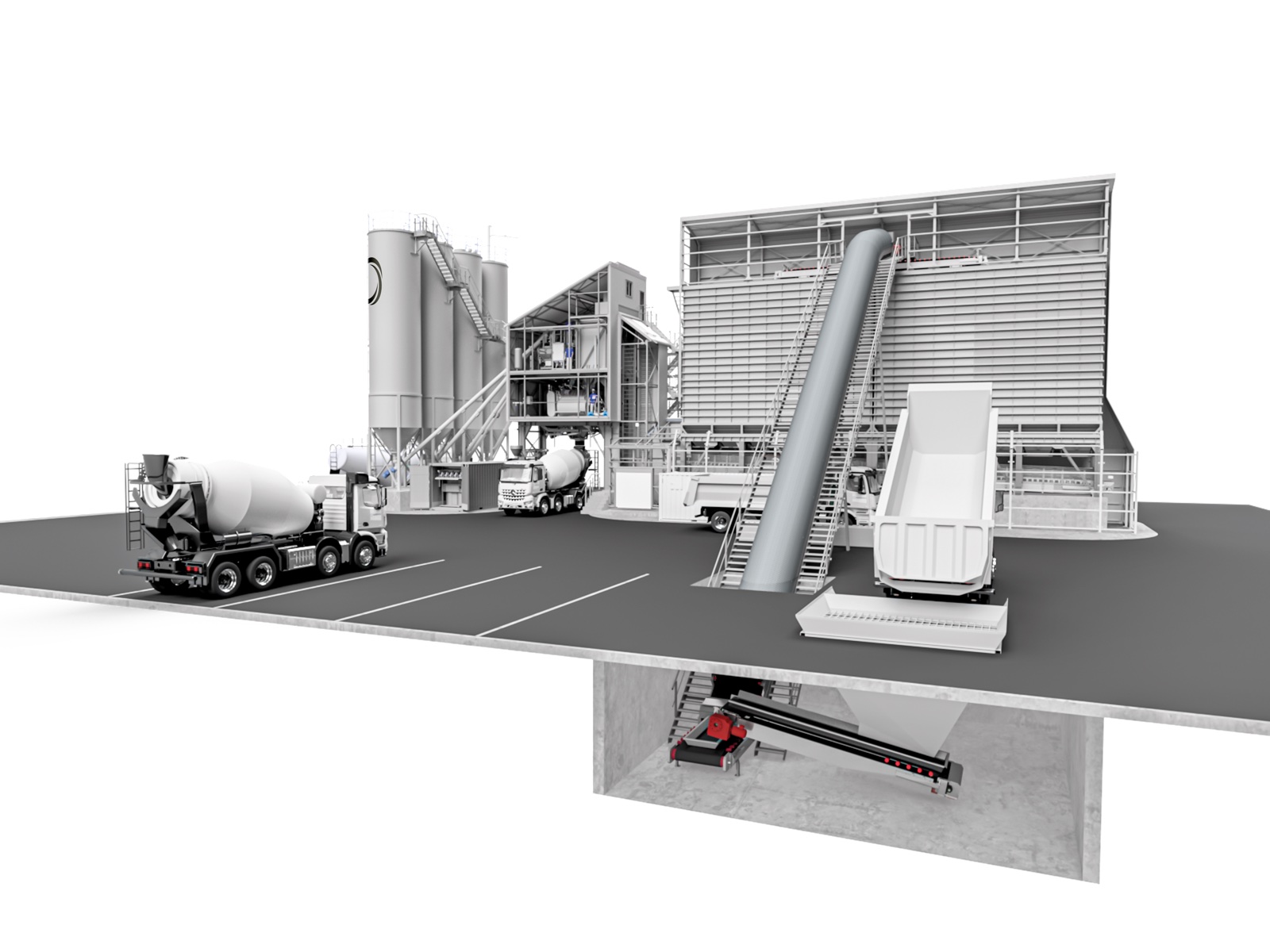 A NISBAU Compact concrete mixing plant, Eching layout, engineering render