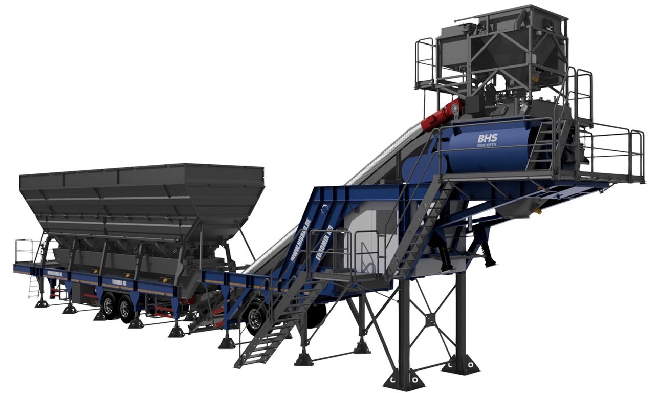 A studio render of the NISBAU EUROMIX 100 mixing plant in operation