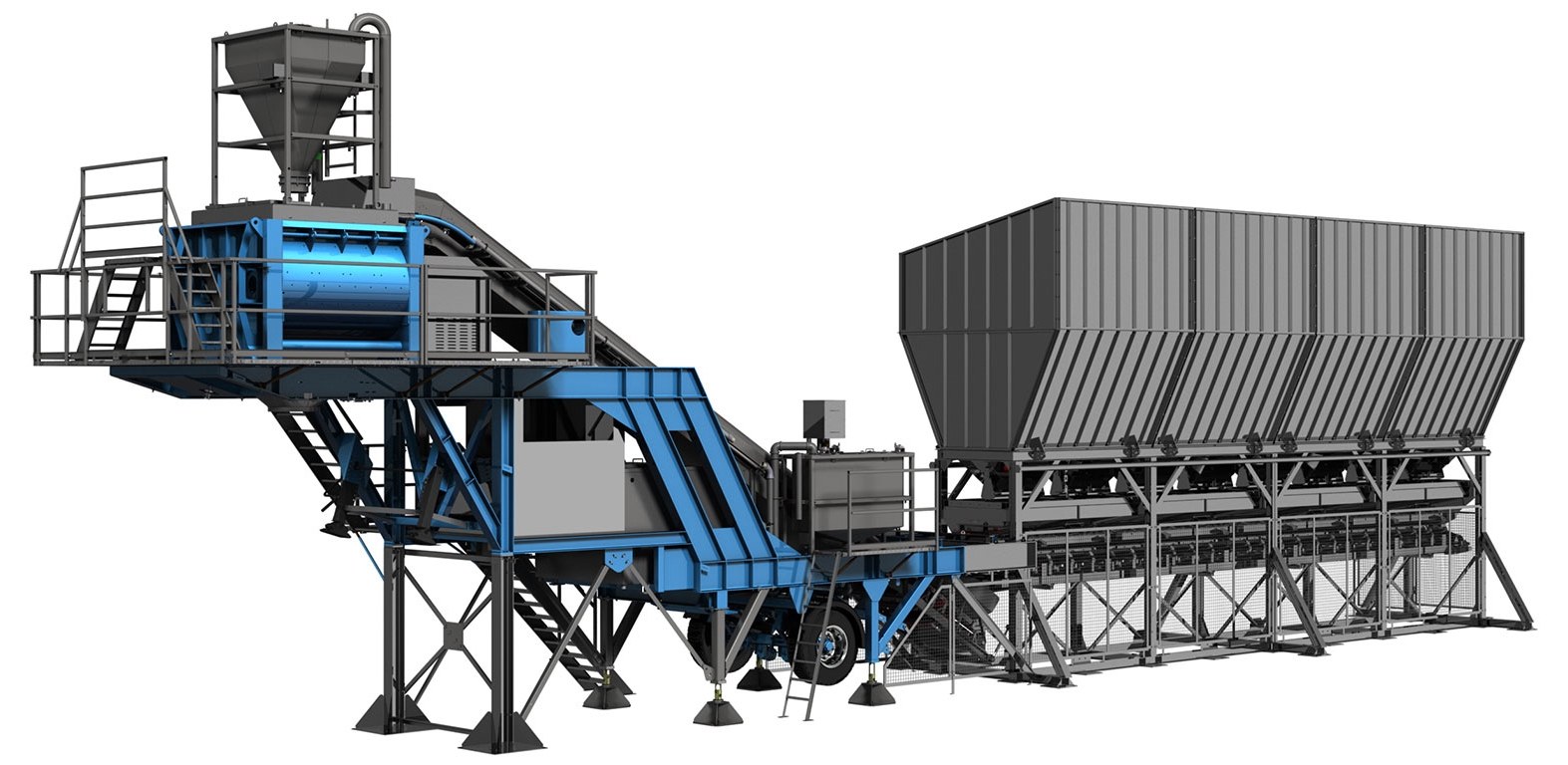 A studio render of the full NISBAU EUROMIX 100 mixing plant setup