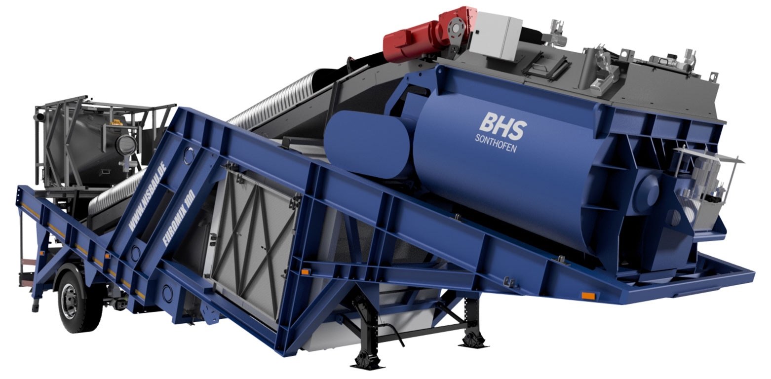 A studio render of the NISBAU EUROMIX 100 mixing plant chassis in transport