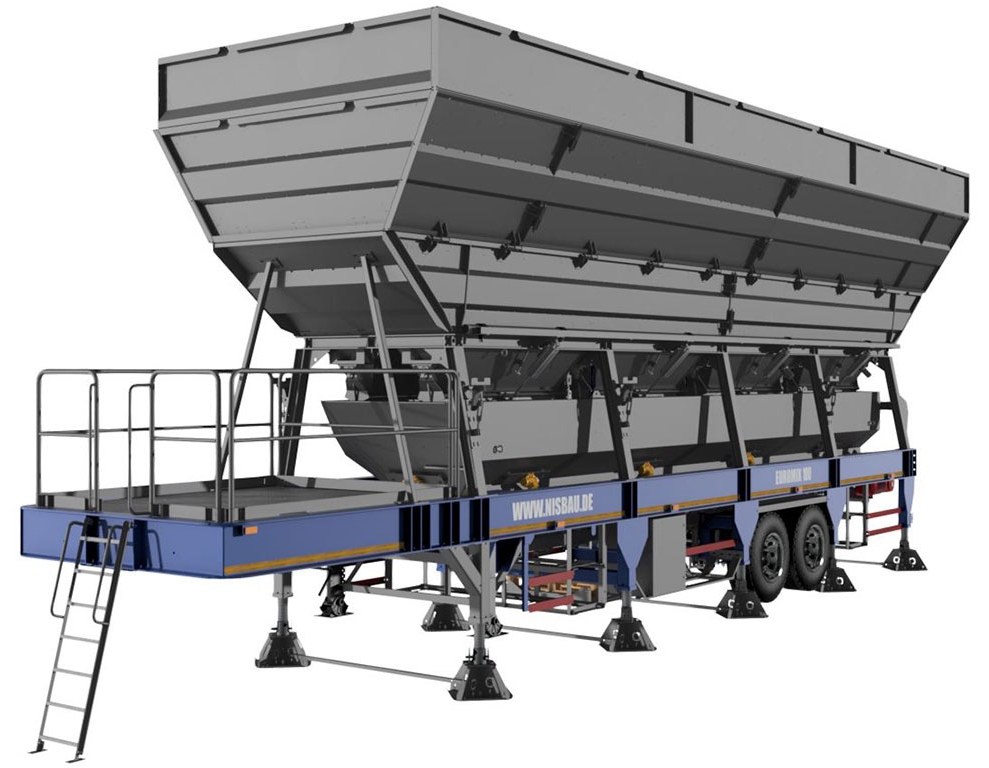 A studio render of the NISBAU EUROMIX 100 aggregate chassis in transport