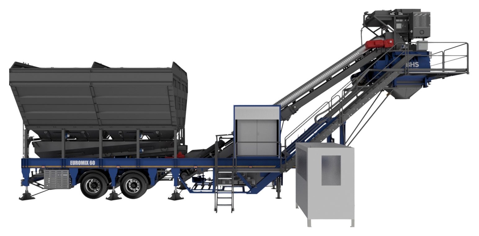 A studio render of the NISBAU EUROMIX 60 mixing plant in operation