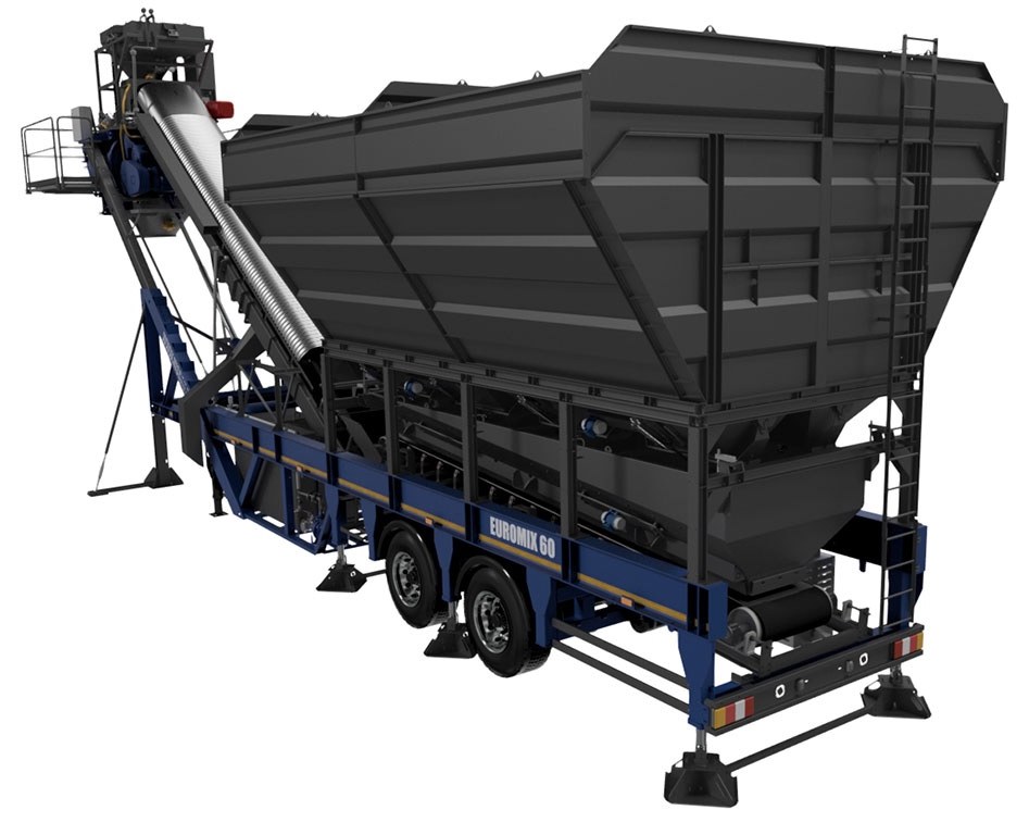 A studio render of the NISBAU EUROMIX 60 mixing plant ready to produce