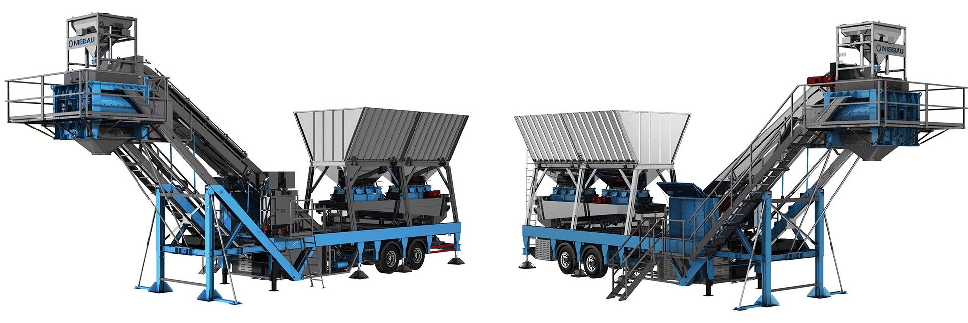 A studio render of the NISBAU EUROMIX 60 plant with its aggregate unit
