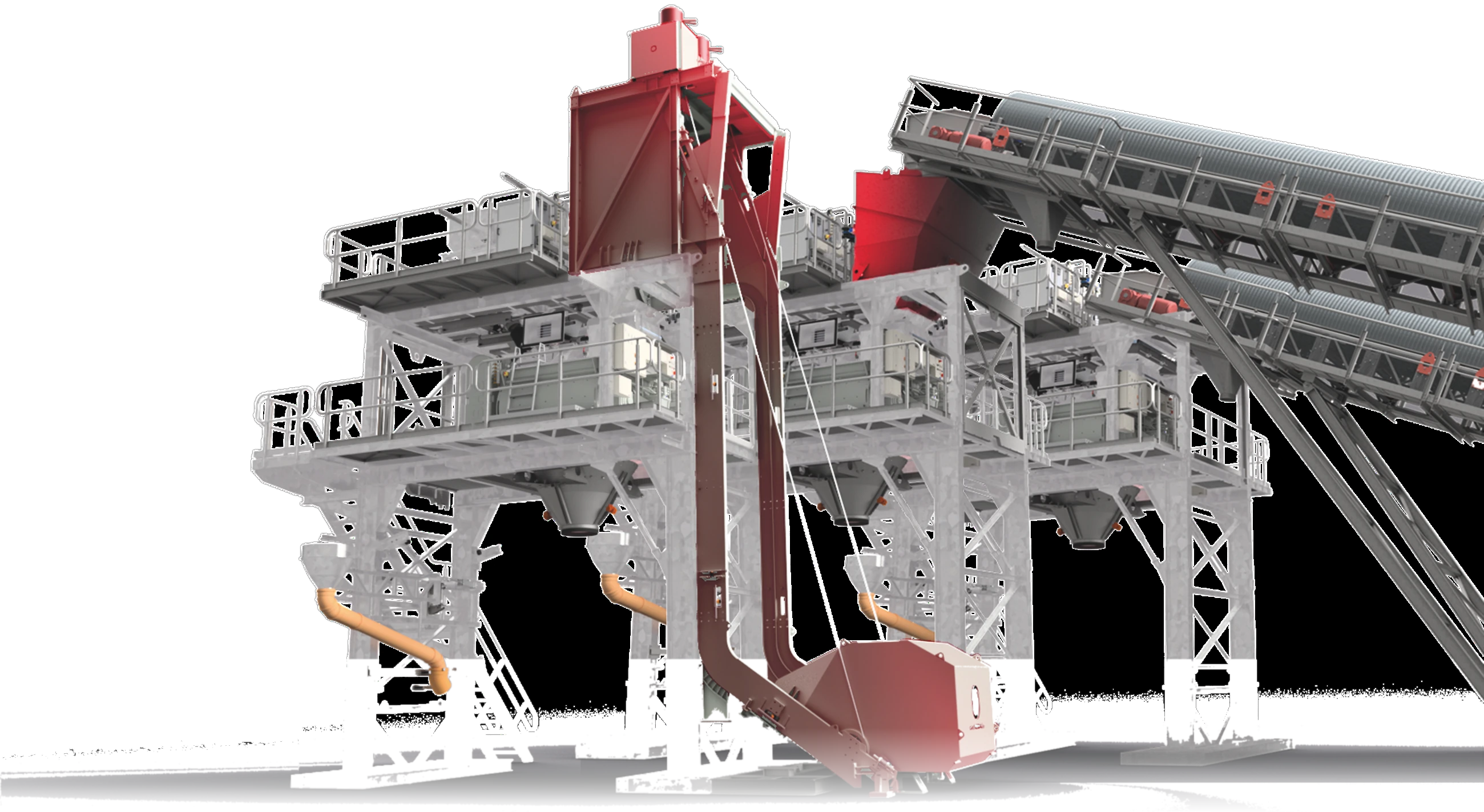 NISBAU mixing plant render, three mixer stations side by side with the engineered internal systems marked in red