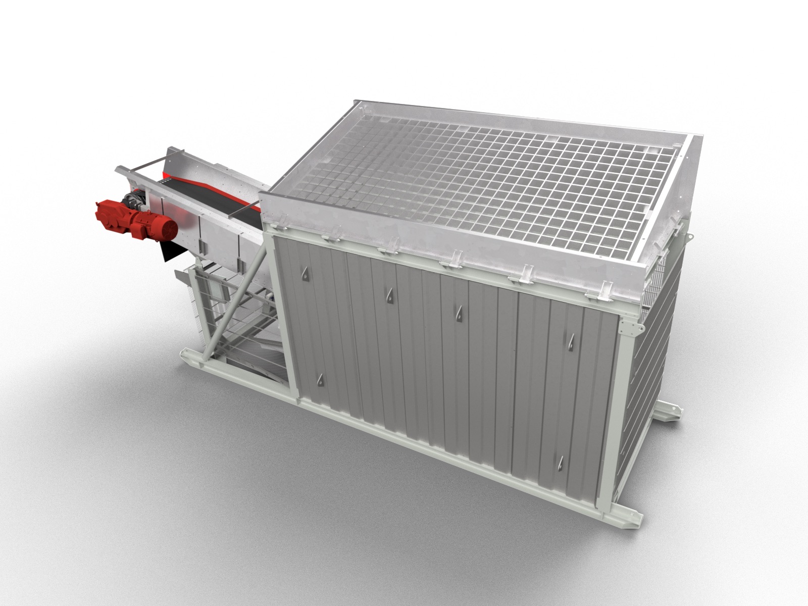 A NISBAU STABIMIX aggregate storage bin with belt discharge, engineering render