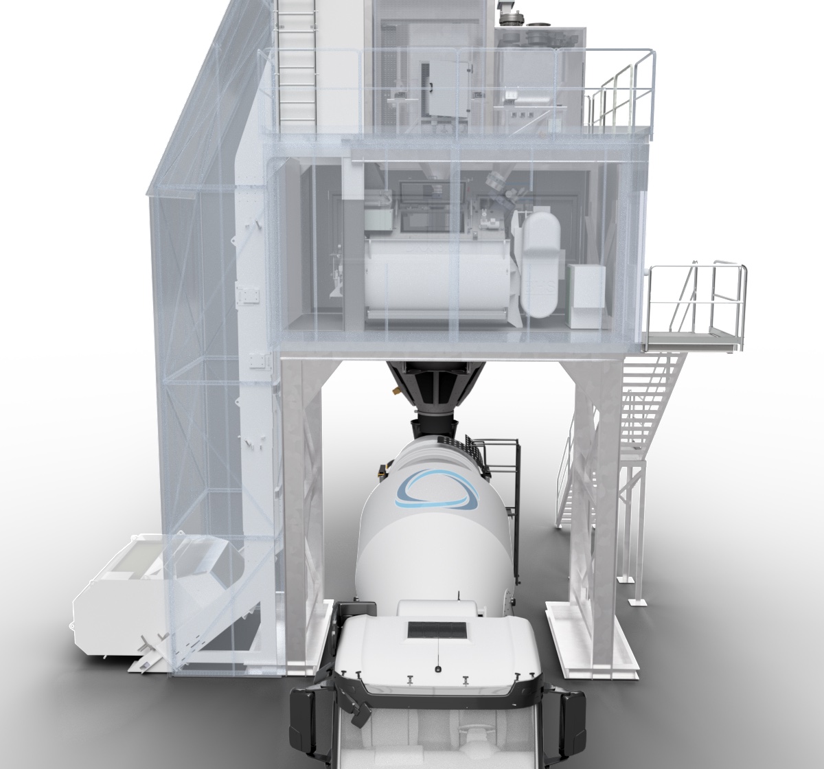 Section cut of the Compact mixer tower with the Kippkuebel skip channel