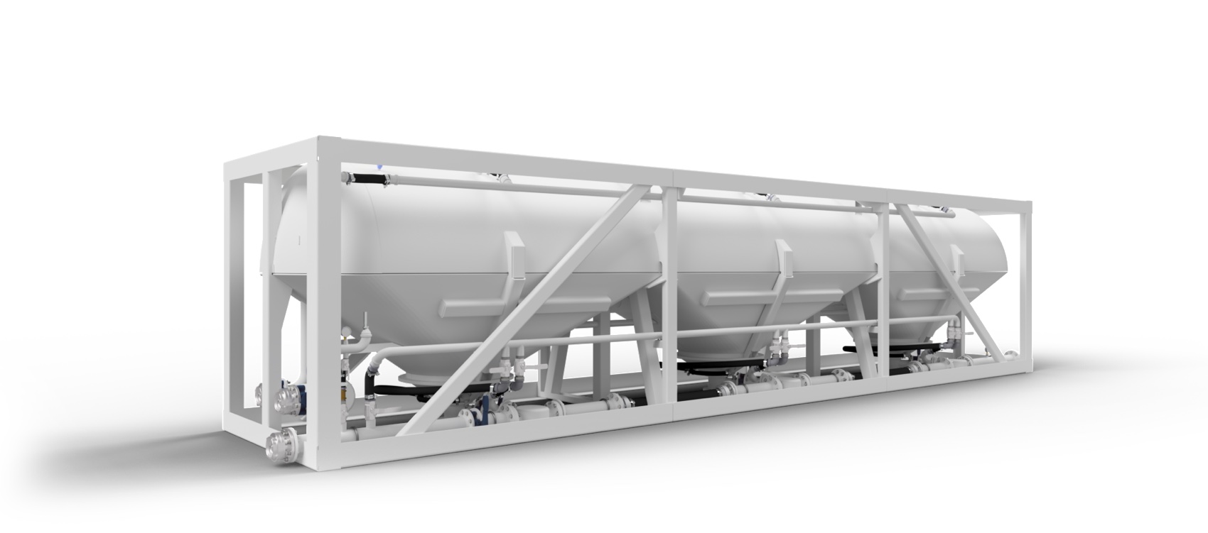 A containerised NISBAU binder tank unit for underground logistics, engineering render