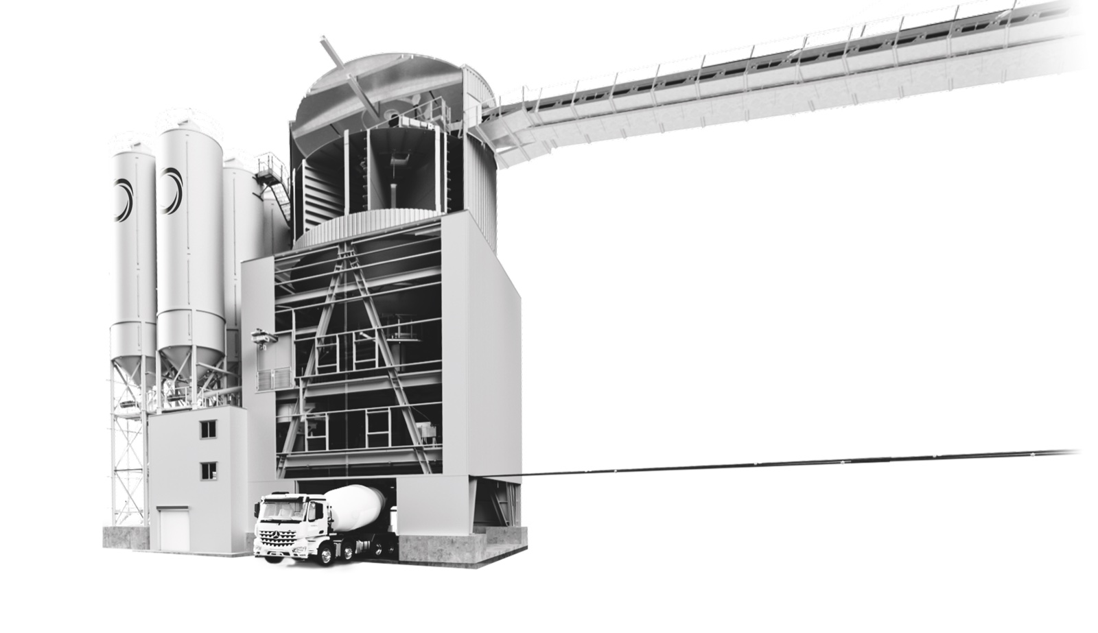 Cutaway engineering render of a NISBAU PRO Tower showing the mixing tower internals and external structure