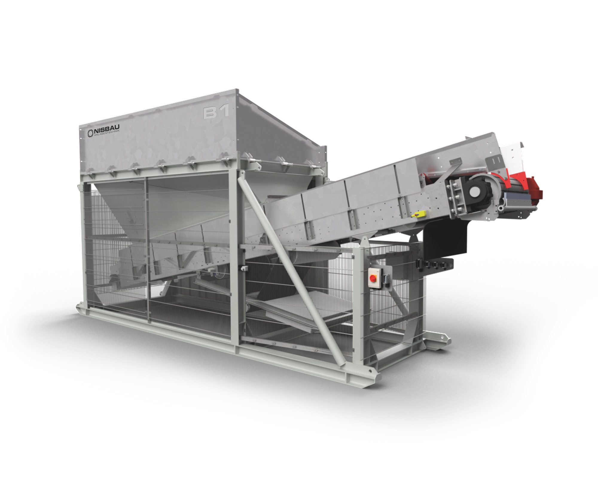 A NISBAU B1 aggregate receiving and feed hopper with inclined belt conveyor, engineering render