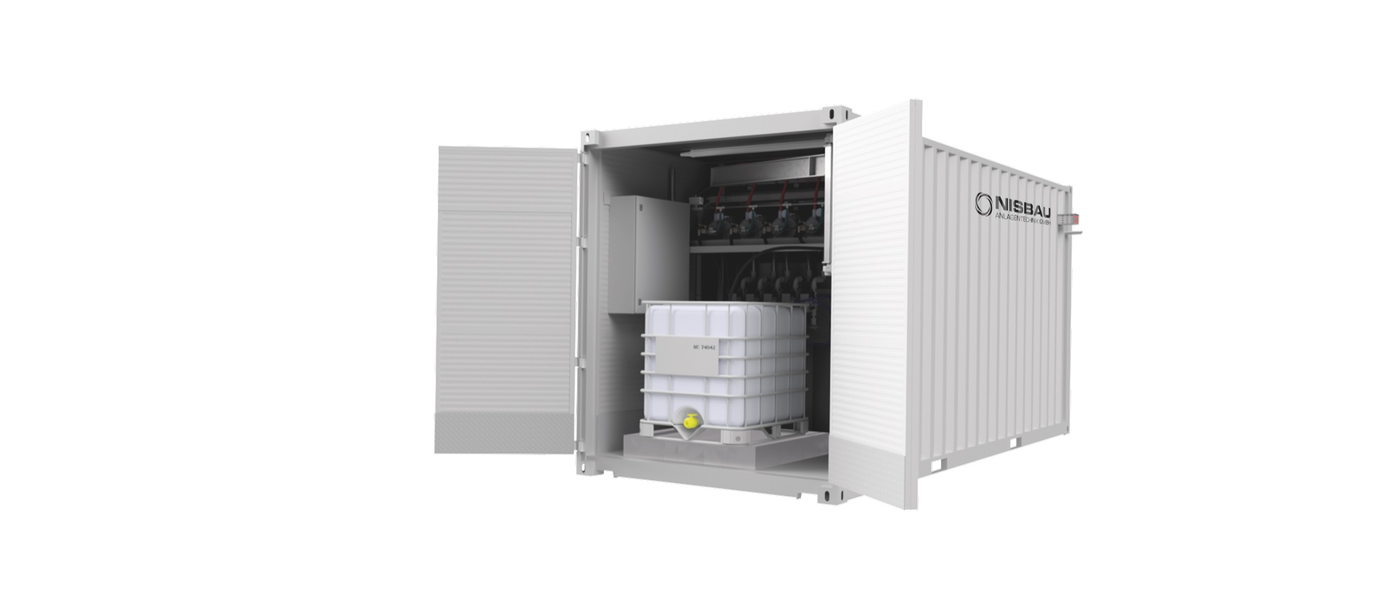 A NISBAU containerised admixture dosing station with IBC tote on a bunded pallet and overhead dosing manifold, engineering render