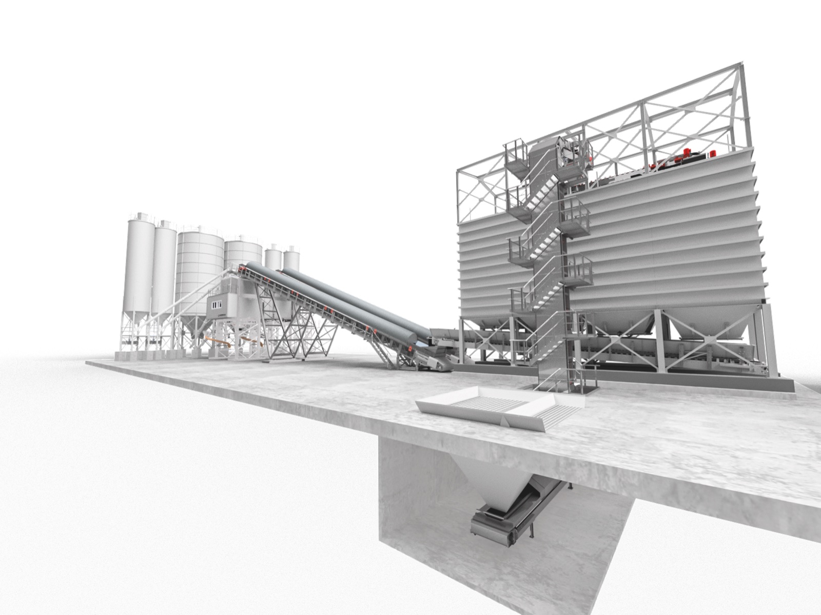 A NISBAU two-plant concrete technology installation with linear silo plant and inline high aggregate storage, engineering render