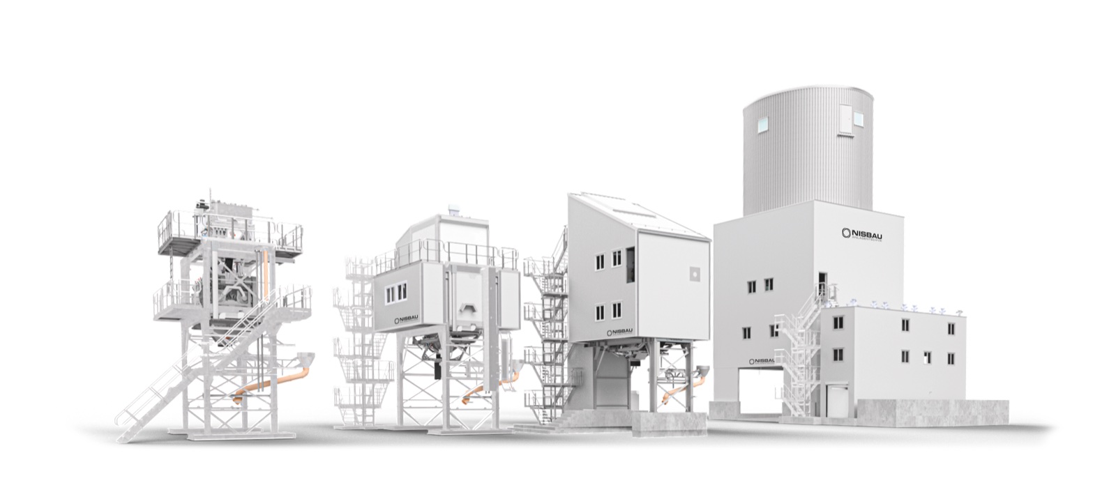 The NISBAU concrete technology range, from compact to tower plant, engineering render