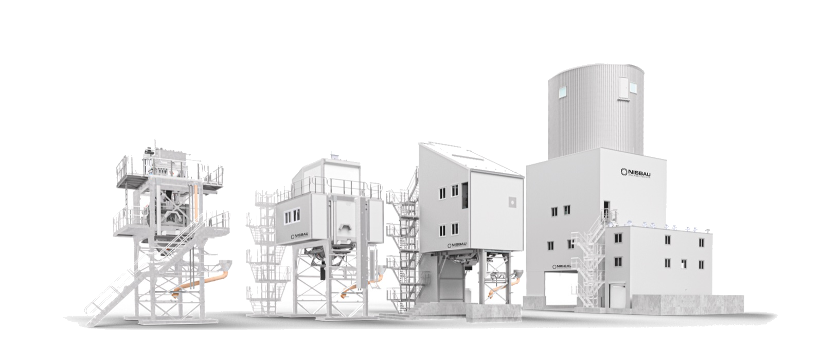 The NISBAU plant line-up, from compact to tower plant, engineering render