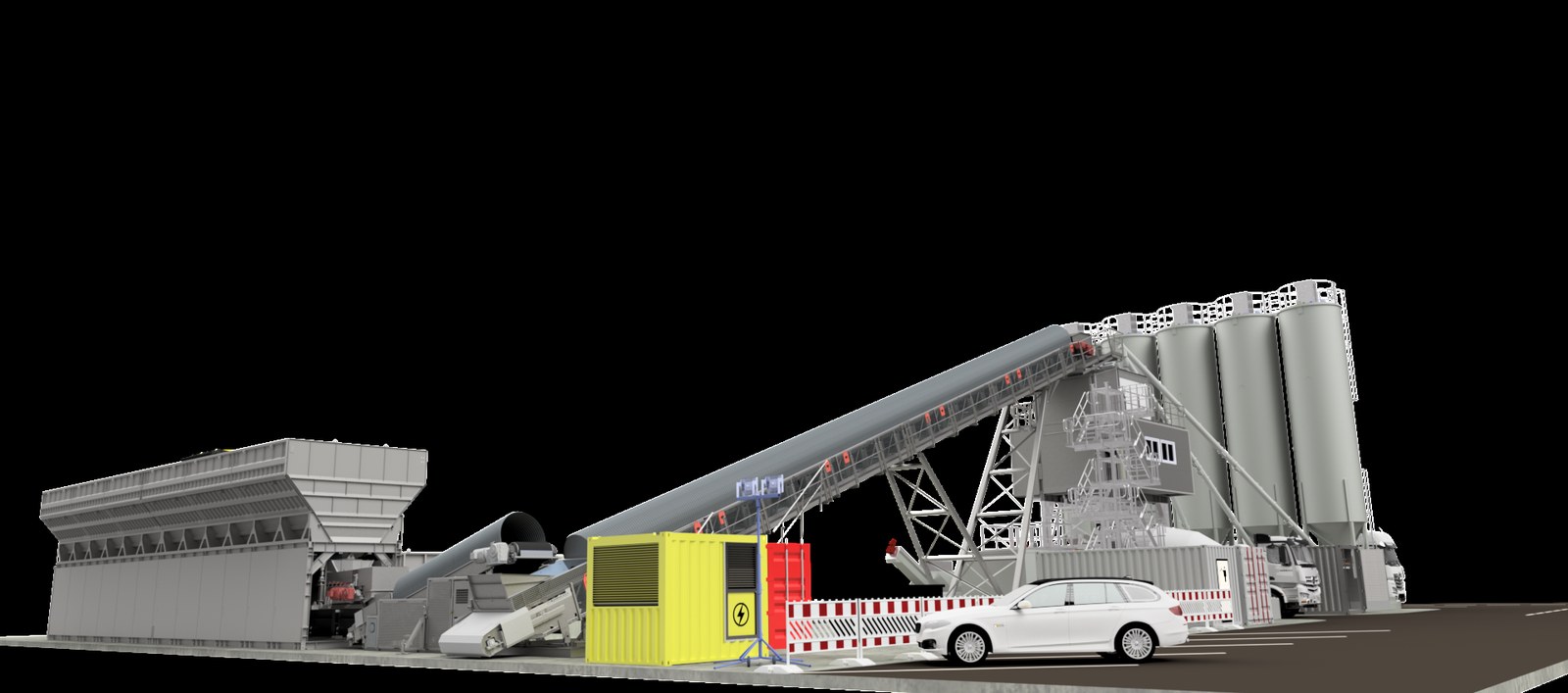 A NISBAU Performance plant seen from the apron with conveyor and silo bank, engineering render