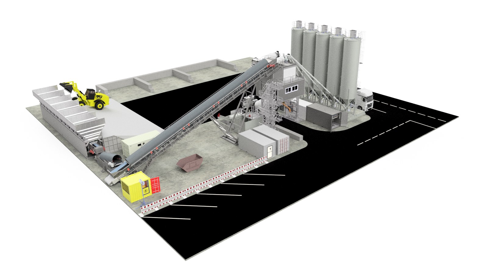 A NISBAU Performance plant full layout with silo bank, conveyor and aggregate bays, engineering render