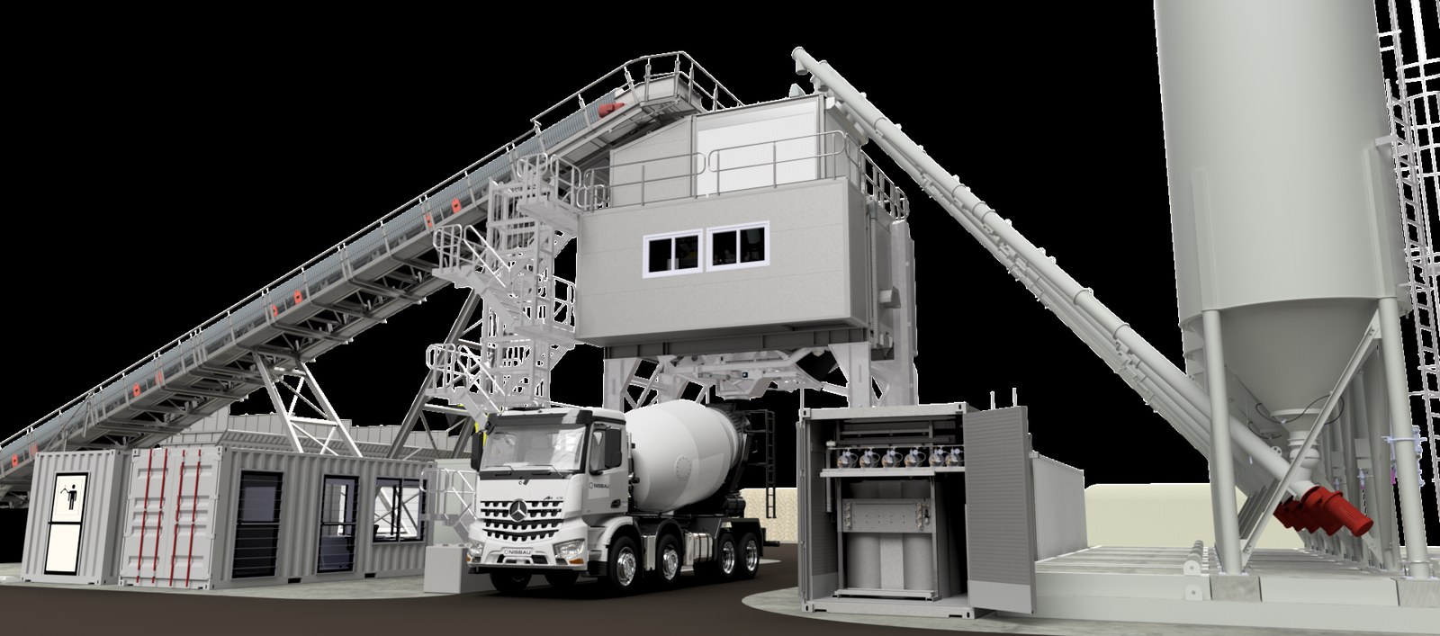 A NISBAU Performance conveyor-fed concrete mixing plant with mixer truck, engineering render