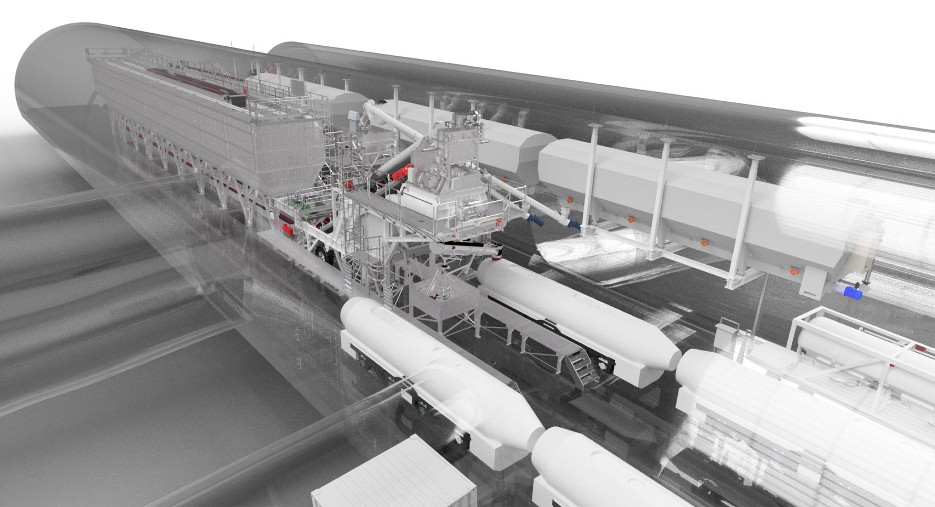 X-ray section cut of a NISBAU tunnel plant train, engineering render